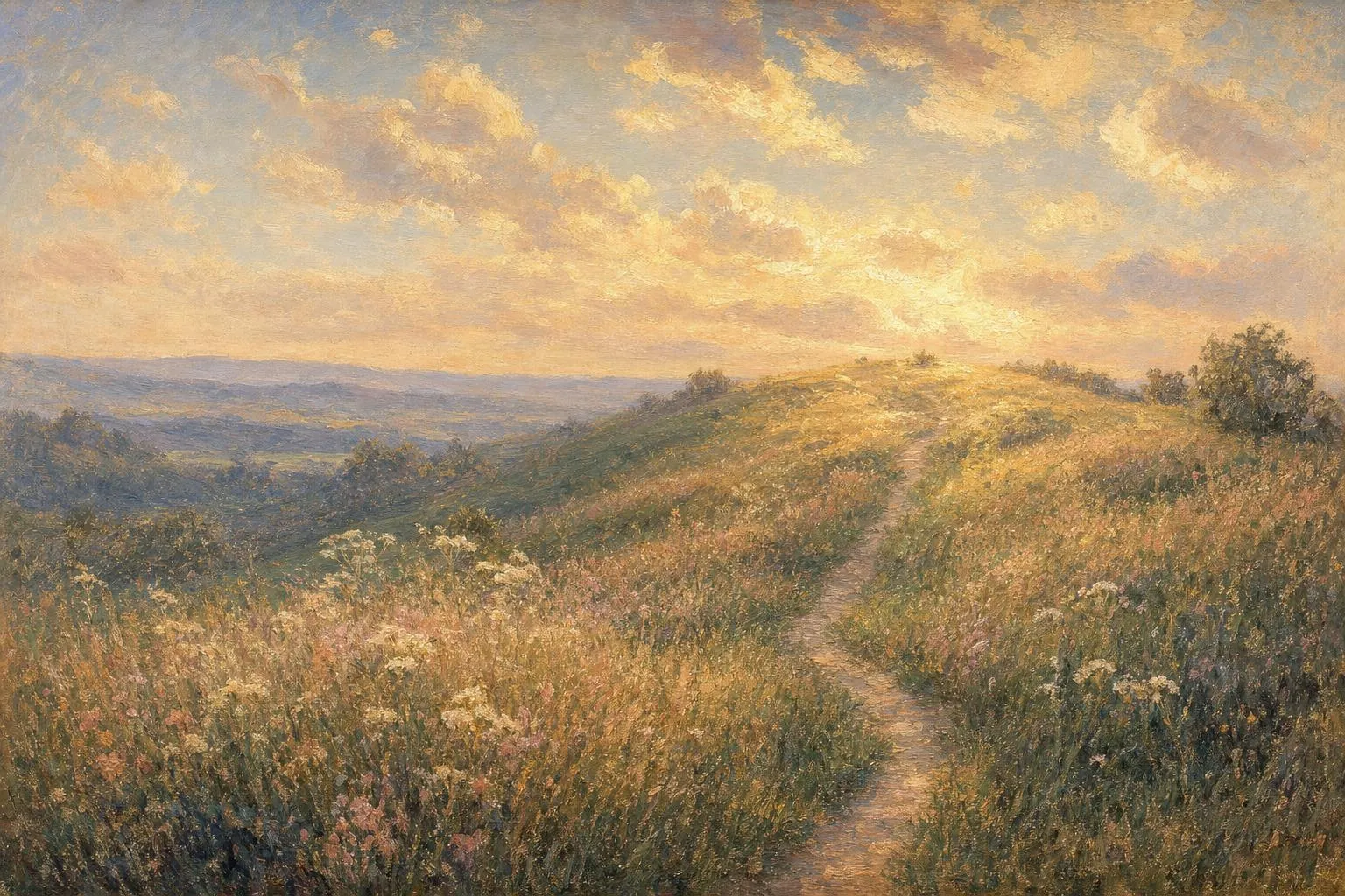 An impressionist landscape: a faint path winding uphill through a sunlit summer meadow toward a glowing horizon.